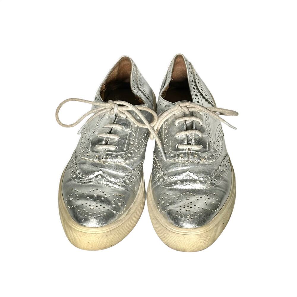 Franco Sarto Nova Perforated Silver Metallic Oxford Wedges Sz 7